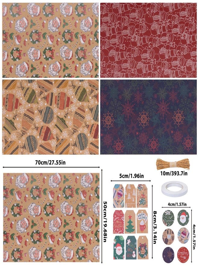 Toptime Christmas Wrapping Paper 8 Sheets, Folded Flat Kraft Gift Wrapping Paper with Stickers Tags Paper String, Vintage Brown Christmas Gift Wrap with Santa Claus Snowmans Snowflakes Xmas Ball - Image 2